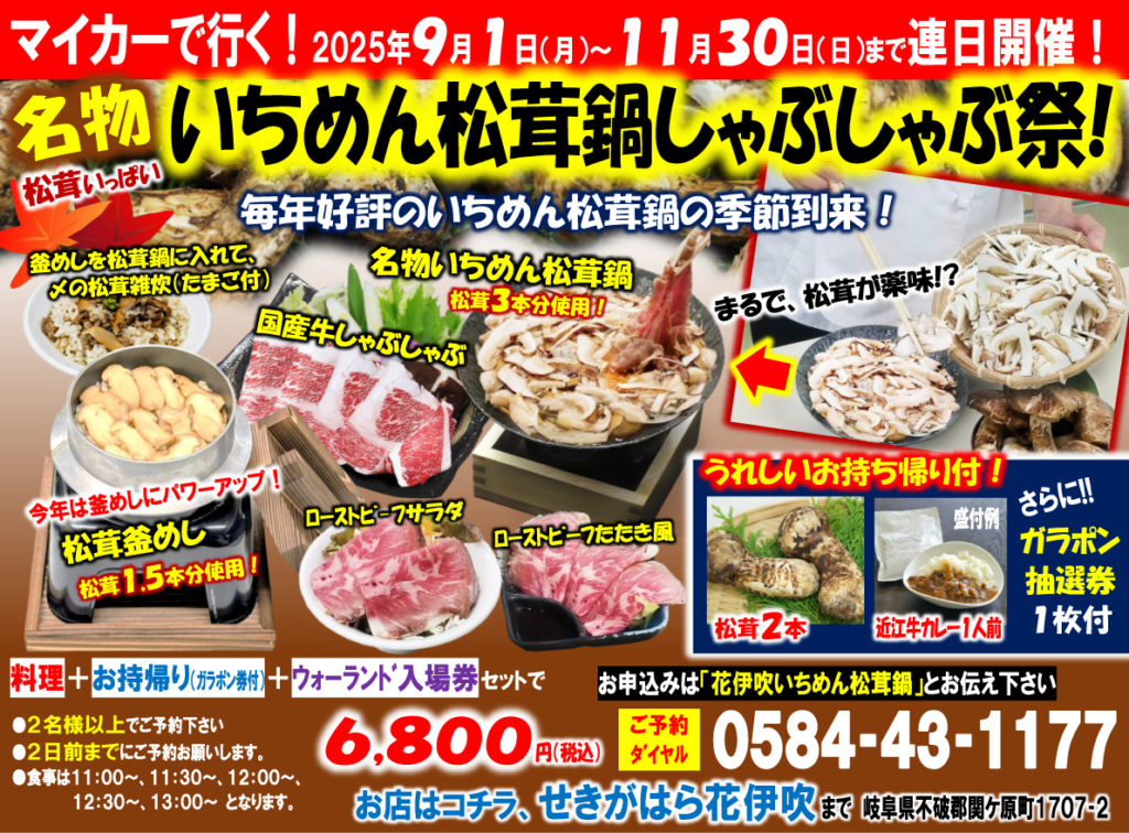 【期間限定】秋のマイカープラン！この内容で6,800円は破格🔥松茸しゃぶしゃぶ＋お土産＋竹ランタン無料！行かない理由がない！